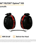 Optime 105 Behind the Head Earmuffs With 29 dB NRR, black and red design, side view, built tough stainless steel, soft foam cushions.