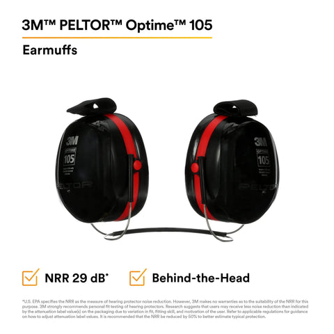 Optime 105 Behind the Head Earmuffs With 29 dB NRR, black and red design, side view, built tough stainless steel, soft foam cushions.