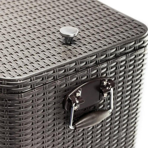 Close-up of brown finish 80 Quart Rolling Ice Chest Cooler Cart for Patio and Parties with handle and texture detail