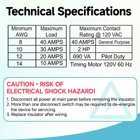 Commercial Refrigeration Defrost Timer 40A 2HP 120V AC 60Hz UL Certified Pro Grade Defrost Controller With technical specifications and caution notice