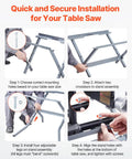 Heavy Duty Table Saw Stand With 350 Pound Load Capacity installation steps showing adjustable legs and crossbars in use.