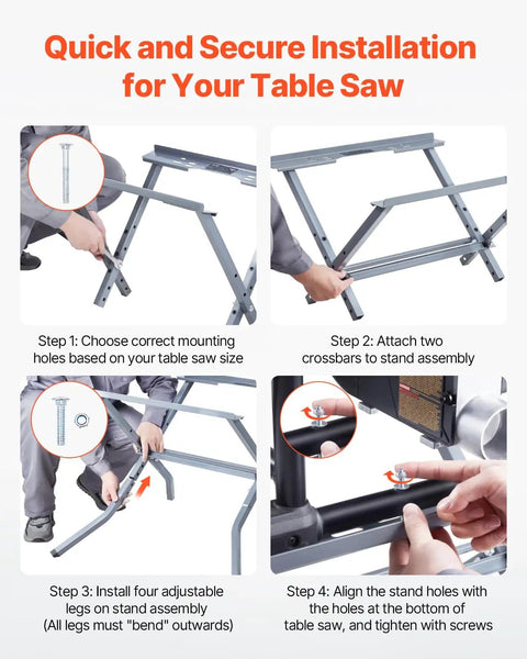 Heavy Duty Table Saw Stand With 350 Pound Load Capacity installation steps showing adjustable legs and crossbars in use.