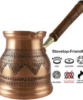 Engraved Copper Turkish Coffee Pot Cezve Ibrik Briki For Greek Turkish Arabic Brew On Stovetop 1000ml 34oz Handcrafted In Turkey Matte Finish XXXLarge Top Notch with wooden handle