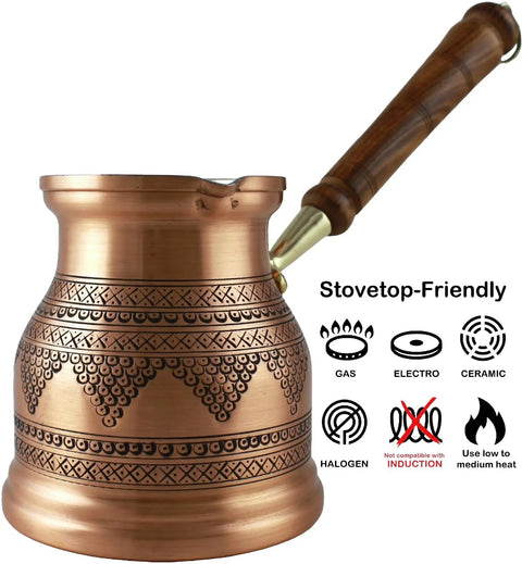 Engraved Copper Turkish Coffee Pot Cezve Ibrik Briki For Greek Turkish Arabic Brew On Stovetop 1000ml 34oz Handcrafted In Turkey Matte Finish XXXLarge Top Notch with wooden handle