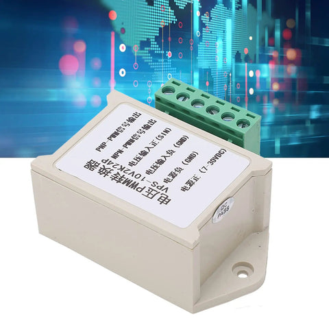 Voltage To PWM Converter For 0 To 5V Or 0 To 10V Inputs, Converts To 0 To 100 Percent PWM Output For Smooth Motor Speed Control, module front view