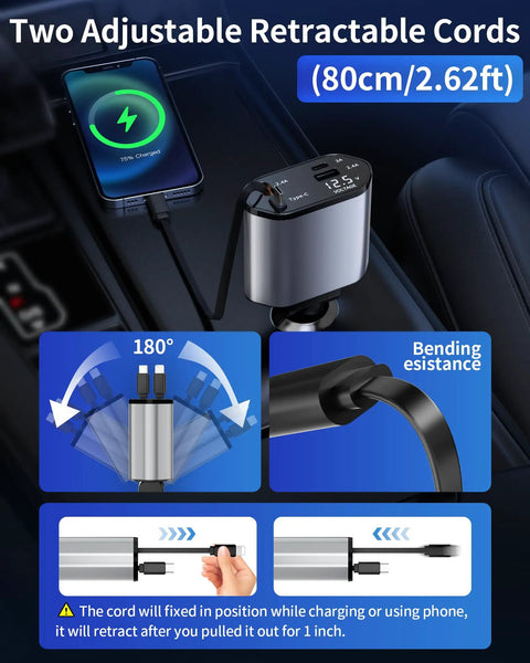 Retractable Car Charger With Four USB Ports Fast Charge Cable Built In Type C And Type A, showing two adjustable cords in car.