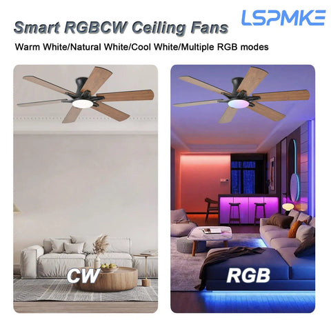 Cool Remote Ceiling Fan With Light 52 Inch, Low Profile Flush Mount, Quiet DC Motor, Dimmable RGB LED in living room