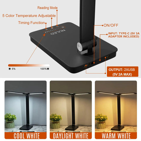 LED Desk Lamp For Home Office With USB Charging Port, Rotatable Aluminum Piano Lamp For Upright Piano, Glossy Black, Three Modes