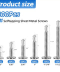 Stainless Steel Workhorse Self Drilling Screws Kit with Number 8 Truss Head Self Tapping Screws for Sheet Metal Auto and Roofing 200 Piece Assortment Includes Half Inch to One and A Half Inch Sizes Durable Corrosion Resistant Fasteners with screw size guide