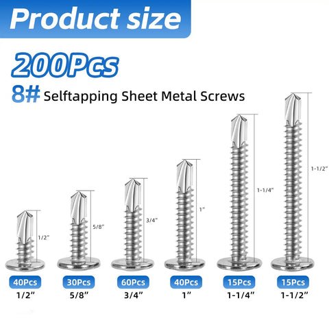 Stainless Steel Workhorse Self Drilling Screws Kit with Number 8 Truss Head Self Tapping Screws for Sheet Metal Auto and Roofing 200 Piece Assortment Includes Half Inch to One and A Half Inch Sizes Durable Corrosion Resistant Fasteners with screw size guide