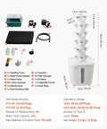Vertical Hydroponic Tower With 6 Tiers And 30 Pods, App Controlled Indoor Garden For Herbs Fruits Veggies, Space Saving Starter Kit With 20L Water Tank And Pump, Germination Accessories Included alongside components list and specifications diagram.