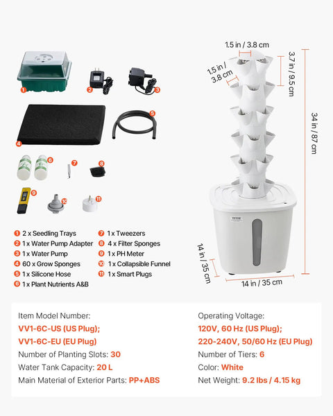Vertical Hydroponic Tower With 6 Tiers And 30 Pods, App Controlled Indoor Garden For Herbs Fruits Veggies, Space Saving Starter Kit With 20L Water Tank And Pump, Germination Accessories Included alongside components list and specifications diagram.