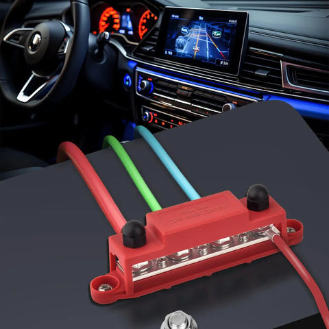 No Sweat Heavy Duty 12 Volt Power Distribution Bus Bar Terminal Block With Four Three Eighth Inch Studs And Six Number Eight Screws For Red Positive Black Negative Wiring Built Solid For Your Daily Ride in vehicle interior.