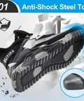 All Day Steel Toe Work Shoes For Men Built Tough With Lightweight Comfort, Rubber Sole, Safety Boots For Construction And Warehouse, Slip Resistant, Breathable, Anti Smash Toe Protection For Long Shifts, side view showing anti-shock steel toe feature.