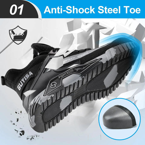 All Day Steel Toe Work Shoes For Men Built Tough With Lightweight Comfort, Rubber Sole, Safety Boots For Construction And Warehouse, Slip Resistant, Breathable, Anti Smash Toe Protection For Long Shifts, side view showing anti-shock steel toe feature.