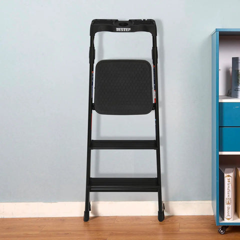 Lightweight Aluminum Three Step Folding Ladder With Big Wide 13.8 By 13 Inch Platform And Handy Tool Tray For Home Projects, ANSI A14.2 Certified, black 3-step folding ladder indoors