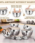 Stacked eight piece khaki stainless steel nesting mixing bowls with airtight lids and grater attachments in a kitchen setting