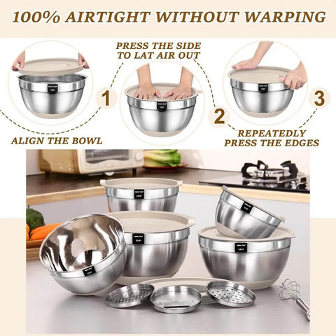 Stacked eight piece khaki stainless steel nesting mixing bowls with airtight lids and grater attachments in a kitchen setting