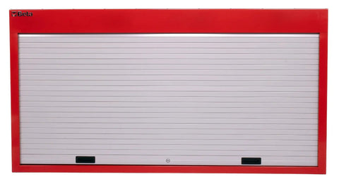 67 Inch Lockable Garage Tool Panel With Aluminum Shutter And Three Perforated Panels, beefy wall mount system, red front view