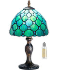 Stained Glass Table Lamp With Real Glass Shade In Green Pearl showing Art Nouveau style and included LED bulb, ideal for desk.