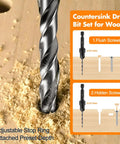 Kickstart Your Shop Projects With This 5 Piece High Speed Steel Countersink Drill Bit Set Featuring A Sturdy Quarter Inch Hex Shank And Tapered Tips For Snug Bolt Seats And Smooth Woodworking - Close-up of a countersink drill bit with wood shavings.