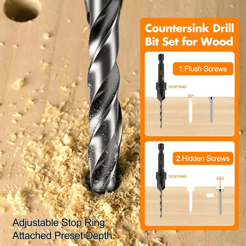 Kickstart Your Shop Projects With This 5 Piece High Speed Steel Countersink Drill Bit Set Featuring A Sturdy Quarter Inch Hex Shank And Tapered Tips For Snug Bolt Seats And Smooth Woodworking - Close-up of a countersink drill bit with wood shavings.