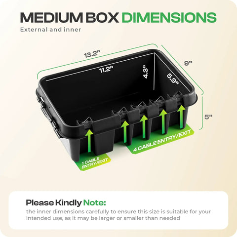 Dimensions of Dope Weatherproof Indoor Outdoor Power Cord Enclosure For Timers Cords Transformers Power Strips Lights And Tools IP55 Waterproof Box Black Medium Size showing 13.2 x 9 x 4.3 inches with cable entry points.