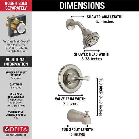 Dimensions of Brushed Nickel 5-Setting Tub And Shower Trim Kit With Multi-Choice Shower Head, Stainless Valve Trim, Universal Rough-In Ready