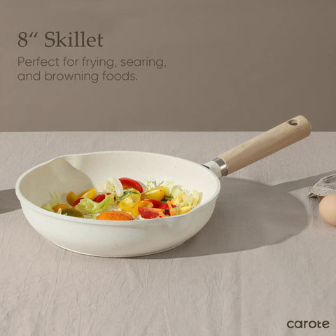 8 Inch White Granite Nonstick Frying Pan Skillet With Heavy Duty Cast Aluminum Induction Base for Eggs and Omelets on Tablecloth