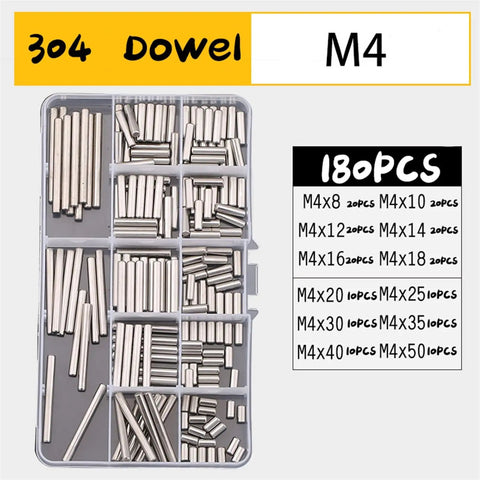 Stainless Steel Locating Dowel Pin Set 100-300 Pcs M1 To M6, cylindrical precision pins in assorted sizes shown in organizer
