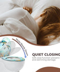 Toilet Seat Round Resin for Bathroom with turtles design, showcasing soft close feature beside a person resting.