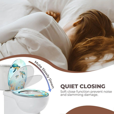 Toilet Seat Round Resin for Bathroom with turtles design, showcasing soft close feature beside a person resting.