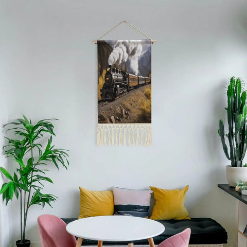 Dope Locomotive Train Wall Tapestry With Tassels Cotton And Linen Hanging Poster for travel gift in home office decor setup