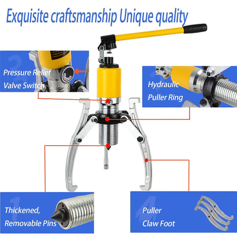 Heavy Duty Hydraulic Bearing Puller With 10 Ton Capacity For Knuckle Saver Auto Repair shown with yellow hydraulic handle and claw foot design.