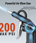 Pro Grade High Volume Air Blow Gun With Adjustable Trigger Stream, 200 PSI max, close-up of nozzle and trigger.