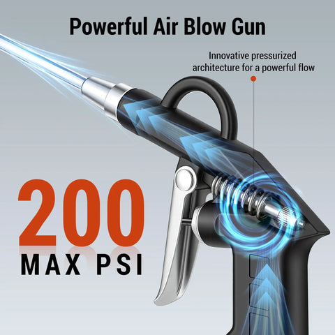 Pro Grade High Volume Air Blow Gun With Adjustable Trigger Stream, 200 PSI max, close-up of nozzle and trigger.