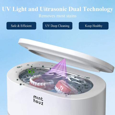 48KHz Ultrasonic Jewelry Cleaner With Five Cleaning Modes For Jewelry, Eyeglasses, Rings, Watches, Watch Bands, Dentures And More, 500ML Stainless Steel Tank showing UV cleaning dentures