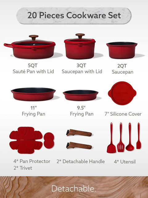 20 Piece Titanium Nonstick Cookware Set With Detachable Handle For Induction Cooking Non Toxic PFOA Free Dishwasher Safe Oven Safe Camping Ready Red Everyday Handy