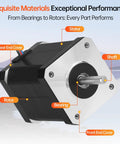 Front view of a black NEMA 17 stepper motor with silver faceplate and exposed shaft