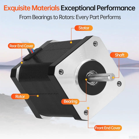 Front view of a black NEMA 17 stepper motor with silver faceplate and exposed shaft