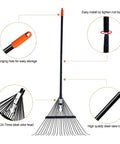 Wide 22-Tine Leaf Rake With 22.8 Inch Head And Adjustable 33 To 67 Inch Metal Handle, For Leaves Lawns Grass Gravel And Flower Beds