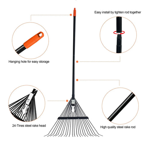 Wide 22-Tine Leaf Rake With 22.8 Inch Head And Adjustable 33 To 67 Inch Metal Handle, For Leaves Lawns Grass Gravel And Flower Beds