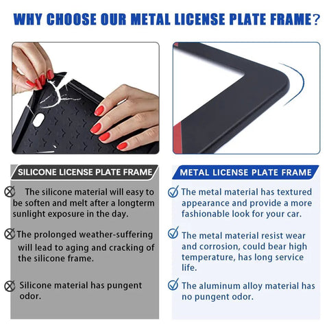 Comparison of silicone vs metal license plate frames, highlighting benefits of Matte Aluminum Alloy License Plate Frame Kit For BMW Front And Rear Mount, Three Color License Plate Cover Holder With Sports Logo, Universal Fit For All Plates, Easy Install With Hardware, Durable Car Tag Frame.