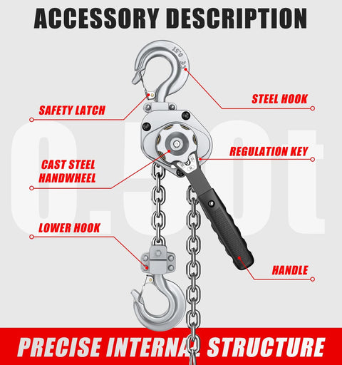 HUGOASIS mini lever hoist, 1/2 ton capacity, 10 ft lift, aluminum body with steel hooks and G80 chain, silver
