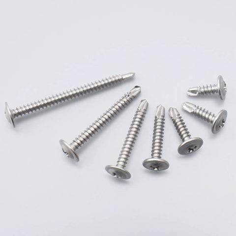 Heavy Duty 410 Stainless Steel Number Eight Half Inch Self Tapping Screws For Metal And Wood Two Hundred Fifty Piece Pack arranged on a surface.