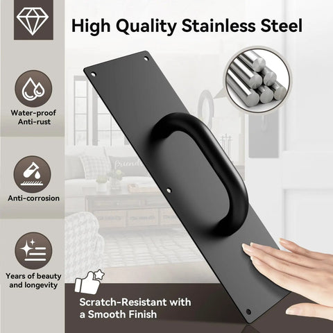 Stainless Steel Door Push Plates And Pull Handles Set For Home And Office, Rugged Heavy Duty Push Pull Door Plate Kit For Cabinets And Commercial Use, Indoor Outdoor Applications, 304 Stainless Steel, Rust Resistant, 2 Pack, black handle close-up