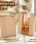 30 Pack Bread Bags With Window Including 30 Homemade Bread Storage Label Stickers Clear Window Bakery Bags For Fresh Baked Goods Large 13.7x8.3x3.5 Inches Great For Gifting And Storing image showing two kraft paper bags with clear windows displaying bread on a wooden table.