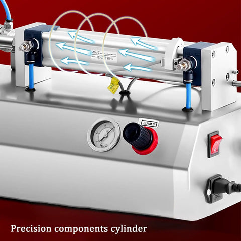 Kickin Performance Pneumatic Bottle Filler Machine With 40L Hopper, stainless steel precision components cylinder detail.