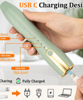Rechargeable Milk Frother Wand With Stand USB C Handheld Mixer in hand showing speeds and USB-C charging port.