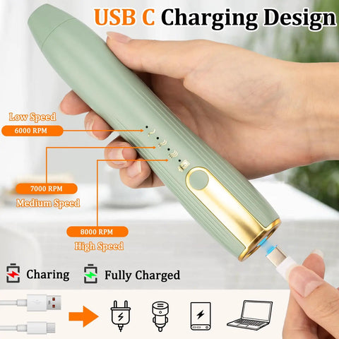 Rechargeable Milk Frother Wand With Stand USB C Handheld Mixer in hand showing speeds and USB-C charging port.